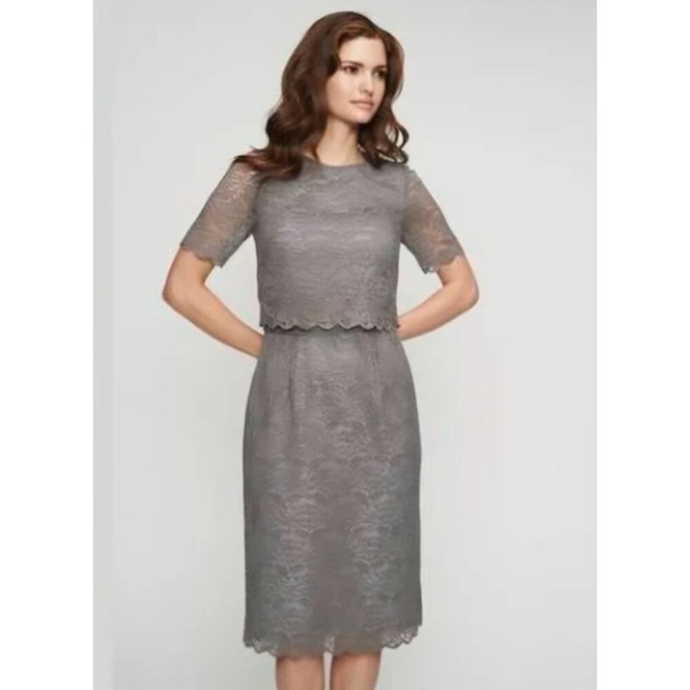 Long Tall Sally Gray Lace Tiered Short Sleeve Cocktail Party Dress Size 10